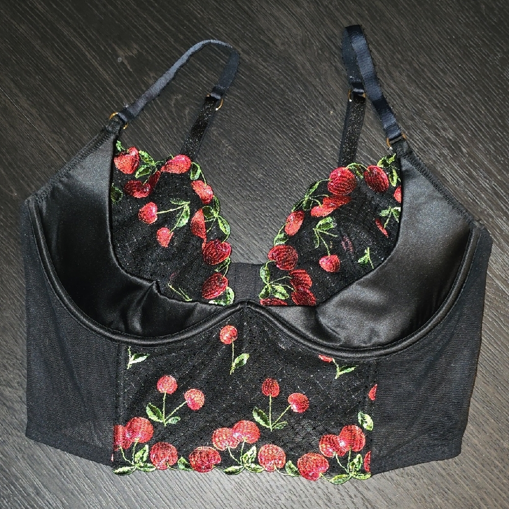 Victoria's Secret Black Bralette with Red and Green Embroidery
